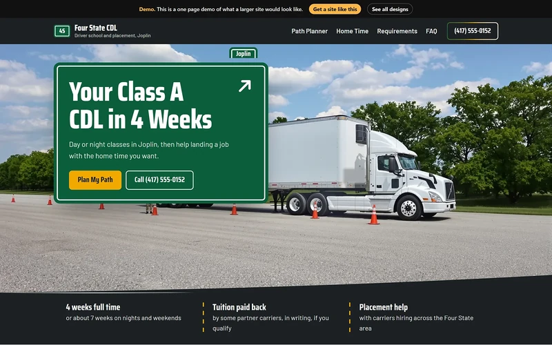 A truck driving school site from our design library.