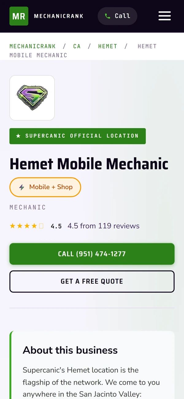 Supercanic's MechanicRank listing, with reviews and a call button.