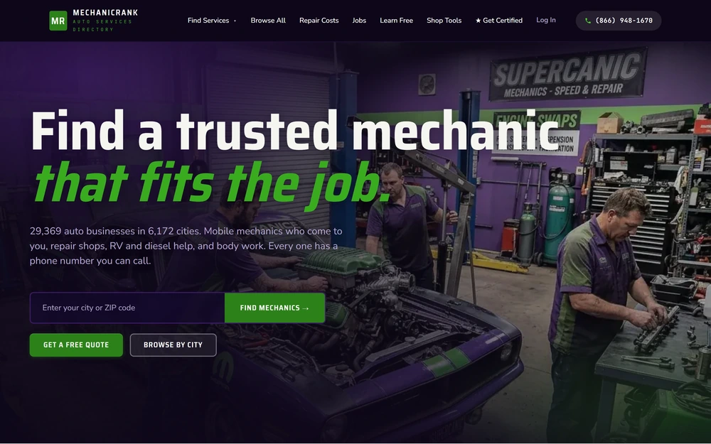 The MechanicRank home page, where drivers search by city or ZIP.