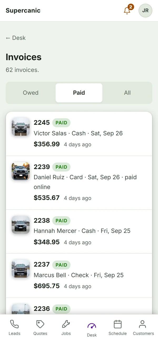Paid invoices by cash, card and check.