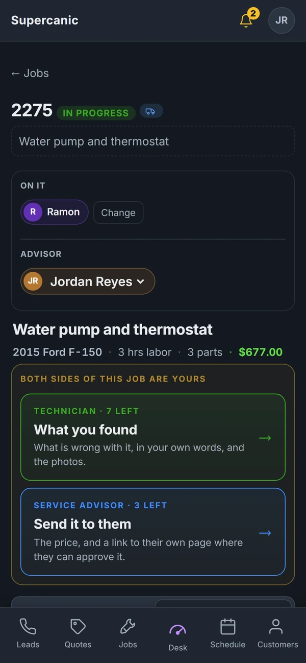 The tech's findings on a job, one tap from a quote.