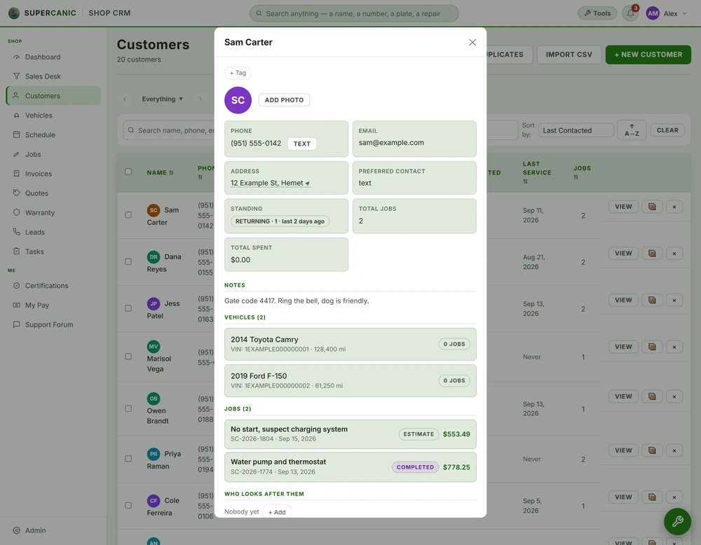 A customer record with their vehicles, jobs and notes.