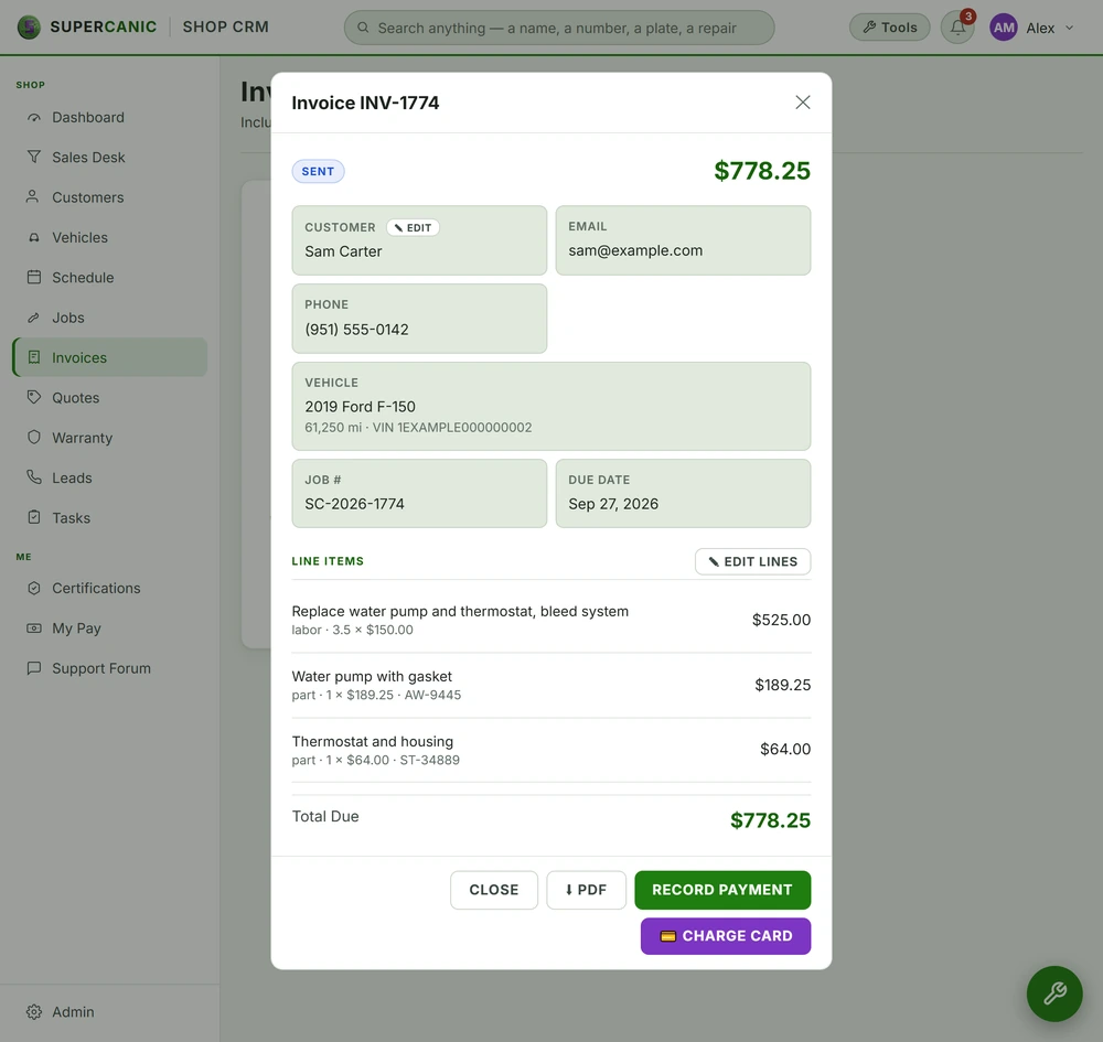An invoice built from the approved quote, ready to charge.