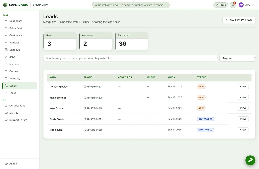 Every call, text and form lands as a lead with a status.